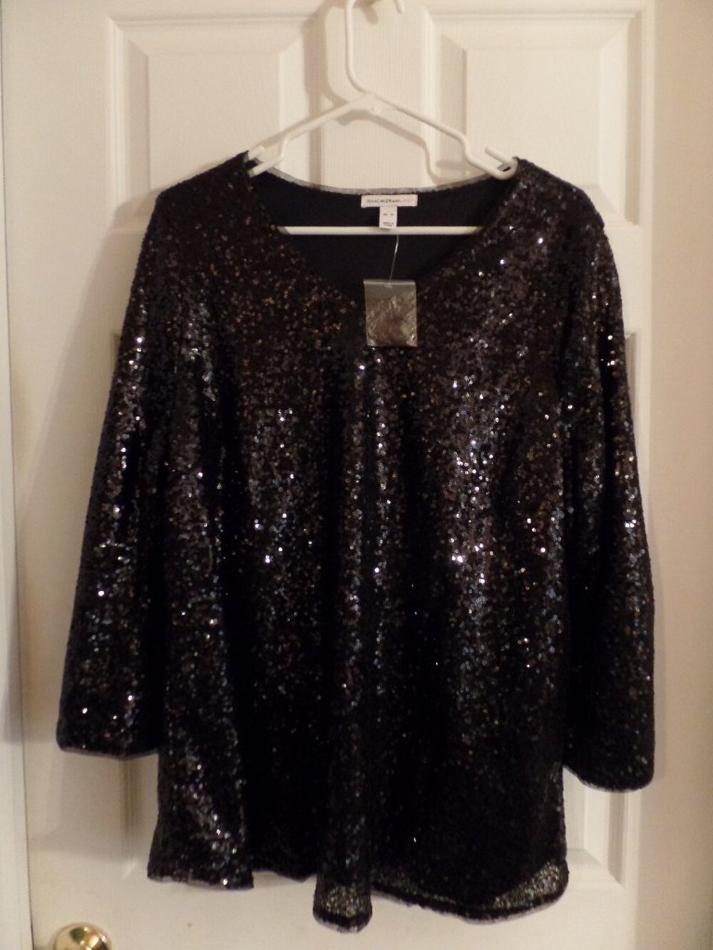 NWT 18 20 XL Isaac Mizrahi Live! BLACK SEQUIN blouse V-neck LINED slit sleeve